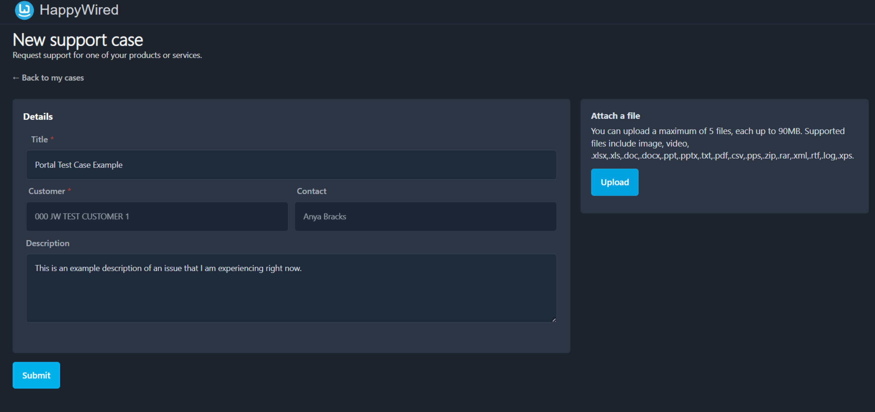 New support case form screenshot
